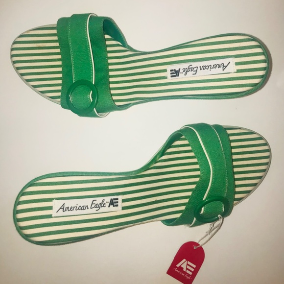 NWT American Eagle Green & White Striped Platform Sandals Wedges Y2K/90s Size 10 - Picture 5 of 8